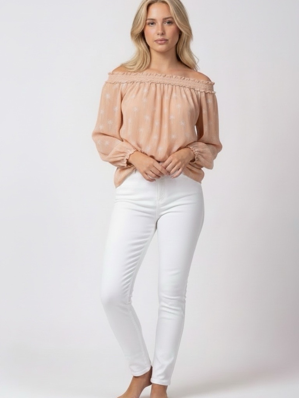 LC Lauren Conrad Peach Off-Shoulder Palm Print Blouse
